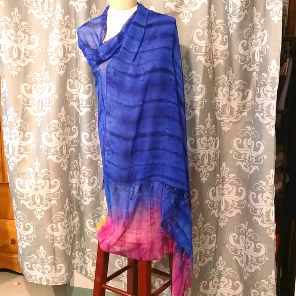 Blue Pink Tye Die Rima Wrap Sarong Sheer Tassles